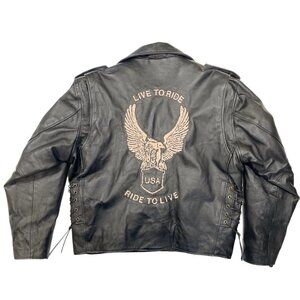 Vintage 90s-y2K Leather Biker Jacket w/Eagle "Live to Ride" Black‎ Zip Out Liner